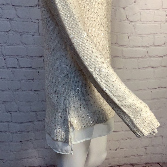Marled Reunited Cream Sequin Embellished Chiffon Hem Long Sleeve Sweater Sz M - Picture 7 of 12